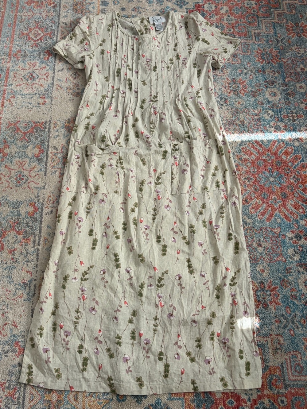 Vintage 90s linen floral print short sleeve dress